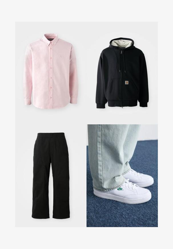 Felpa nera con zip, con fodera interna bianca, tasche frontali, cappuccio con cordino e una piccola etichetta con logo sulla tasca sinistra. Tessuto morbido.; Camicia button-up rosa chiaro realizzata in cotone con una texture morbida, dotata di maniche lunghe, colletto e un piccolo logo sul petto.; Pantaloni neri in cotone con vita elastica, design a gamba larga e grandi tasche laterali. Il tessuto sembra morbido con una texture liscia.; Sneakers in pelle bianca con logo Nike verde, punta rotonda, suola piatta, abbinati a pantaloni in denim azzurro, mostrati su un tappeto blu.