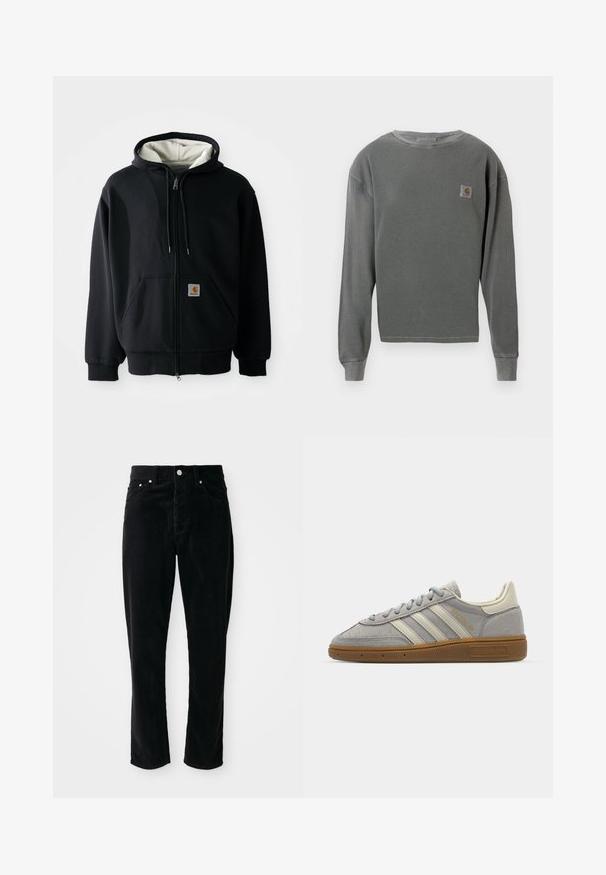Melna kapuce ar rāvējslēdzēju, ar baltu iekšējo oderi, priekšējām kabatām, aukliņu kapuci un mazu logo uzlīmi kreisajā kabatā. Gluda auduma tekstūra.; Pelēks garās piedurknes kruzēns ar ribotu tekstūru, ar mazu kvadrātveida logotipa uzšuvumu kreisajā krūtī un ribotām aprocēm.; Melnas korduroja bikses ar augstu jostasvietu, taisnu kāju, piecām kabatām un sudraba detaļām, kas izceļas ar teksturētu ribu rakstu visā virsmā.; Pelēki zamšādē sneakers ar gaiši pelēkiem ādas svītrainēm un gumijas zoli. Iespējas ietver šņorēšanu un smalku zīmolu uz mēles.