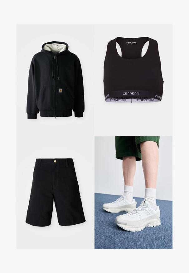 Čierna mikina na zips s bielou vnútornou podšívkou, prednými vreckami, kapucňou so sťahovacou šnúrkou a malou logovou nášivkou na ľavom vrecku. Hladká textúra látky.; Čierny športový podprsenka s okrúhlym výstrihom a dizajnom so závodným chrbtom. Obsahuje zosilnený pás s bielym brandingom "Carhartt". Mäkka textúra látky.; Čierne rifľové šortky so zapínaním na gombík, rovného strihu, bočnými vreckami a spevneným švom pre väčšiu odolnosť.; Biele športové topánky s textúrovanými prešívaniami, robustnou podrážkou a sivými akcentami. Nosené s bielymi ponožkami po členky a zelenými šortkami na modrom povrchu.
