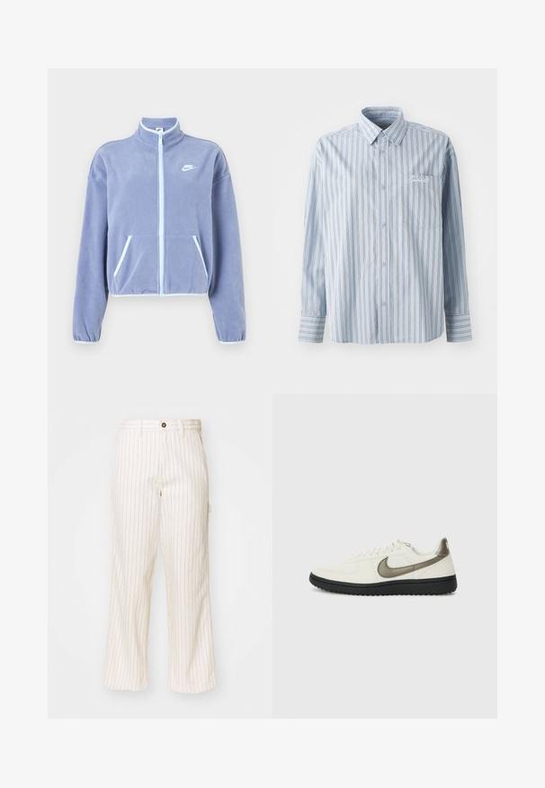 Lys lilla fleecejakke med høy krage, frontlomme, to lommer, og hvite detaljer langs glidelåsen og kanten. Nike-logo på brystet.; Lys blå langermet skjorte med knapper og hvite og mørke vertikale striper, samt en brystlomme med hvit skrifttypebrodering.; Bredde bukser i kremfarget stoff med tynne røde vertikale striper. Har knappelukking og frontlommer, glatt tekstur.; Nike Sportswear FIELD GENERAL - Joggesko - off-white/black