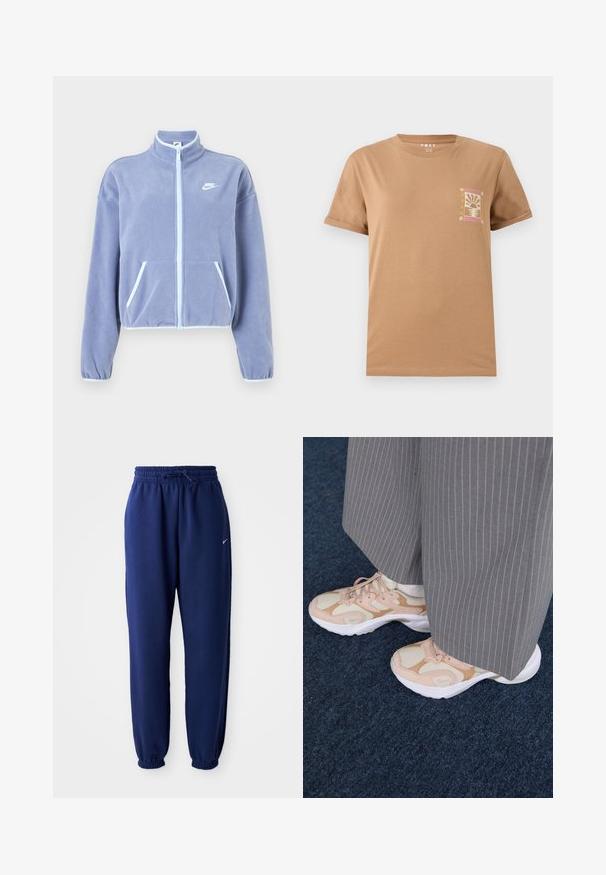 Svijetlopurple fleecedžemper s visokim ovratnikom, prednjim zatvaračem, dva džepa i bijelim naglascima duž zatvarača i rubova. Nike logotip na prsima.; Smeđi pamučni T-shirt kratkih rukava. Ima mali, šareni grafički prikaz na lijevoj strani prsnog područja koji prikazuje temu zalaska sunca.; Mornarsko plave trenirke od mekog materijala, s elastičnom strukom i vezicom, elastičnim rukavima i malim bijelim logotipom.; Lagani atletski tenisice u krem boji, ružičastoj i smeđoj, s mrežastim panelima, debelim bijelim potplatima i vezicama, u kombinaciji sa sivim hlačama s kratkim trakama.