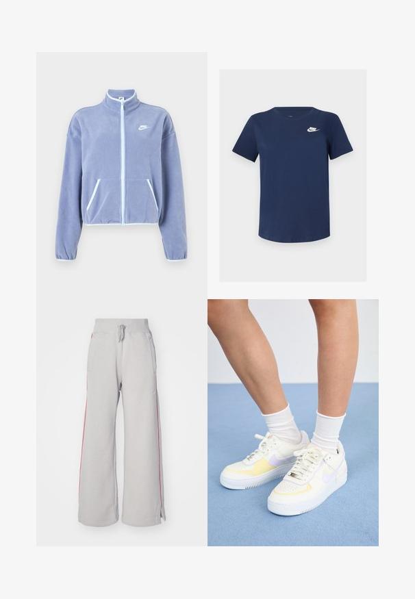 Világoslila polárdzseki magas gallérral, elülső cipzárral, két zsebbel és fehér díszítéssel a cipzáron és a szegélyén. Nike logó a mellkason.; Sötétkék pamut póló kerek nyakkal, rövid ujjakkal, bal mellkason fehér Nike logóval. Simára kidolgozott textúra, egyszerű dizájn.; Világosszürke melegítőnadrág széles lábbelivel, rugalmas derekú, zsinóros és piros oldalsávokkal. Oldalsó zsebekkel és felhajtott szegélyekkel rendelkezik.; Fehér bőr sneakers sárga és levendula színű kiegészítőkkel, kerek orral, lapos fűzökkel és texturált gumitalppal. Fehér zoknival viselve.