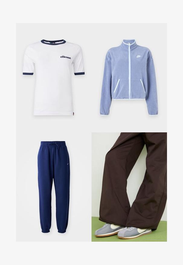 Heledast lillakate fleecemantel kõrge kraega, ees lukk, kaks taskut ja valged aktsendid lukul ja äärel. Nike logo rinnal.; Valge t-särk ümmarguse kaelusega ja lühikeste varrukatega. Kaela ja varrukate ääred on tumesinised. Ees on väike "ellesse" logo.; Tumesinine dressipluus, mis on valmistatud pehmest kangast, elastse vöökoha ja nööriga, elastsete mansettide ning väikese valge logoga.; Pruunid avarad püksid sujuva tekstuuriga ja külgõmblustega, kombineeritud hallide ja valgete retrostiilis tossudega, millel on kummi aluspind.