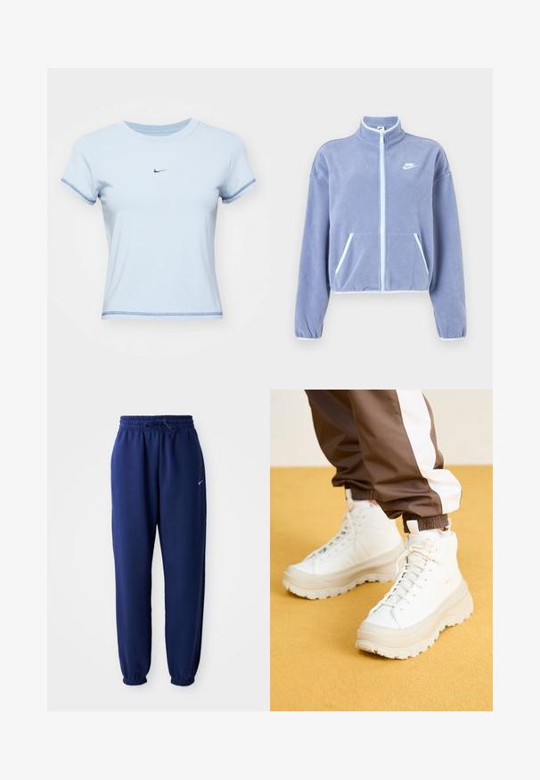 Jaqueta de fleece lilás claro com gola alta, fecho frontal, dois bolsos e detalhes brancos ao longo do fecho e da bainha. Logotipo da Nike no peito.; T-shirt de algodão azul claro, com gola redonda, mangas curtas e um pequeno logo da Nike preto no peito; possui costura contrastante ao longo das mangas.; Calças de fato de treino azul marinho feitas de um tecido suave, com uma cintura elástica com cordão, punhos elásticos e um pequeno logótipo branco.; Ténis brancos de cano alto com uma sola grossa e texturizada, apresentando um cabedal liso, bico redondo e atacadores tonalizados, sobre um fundo amarelo.