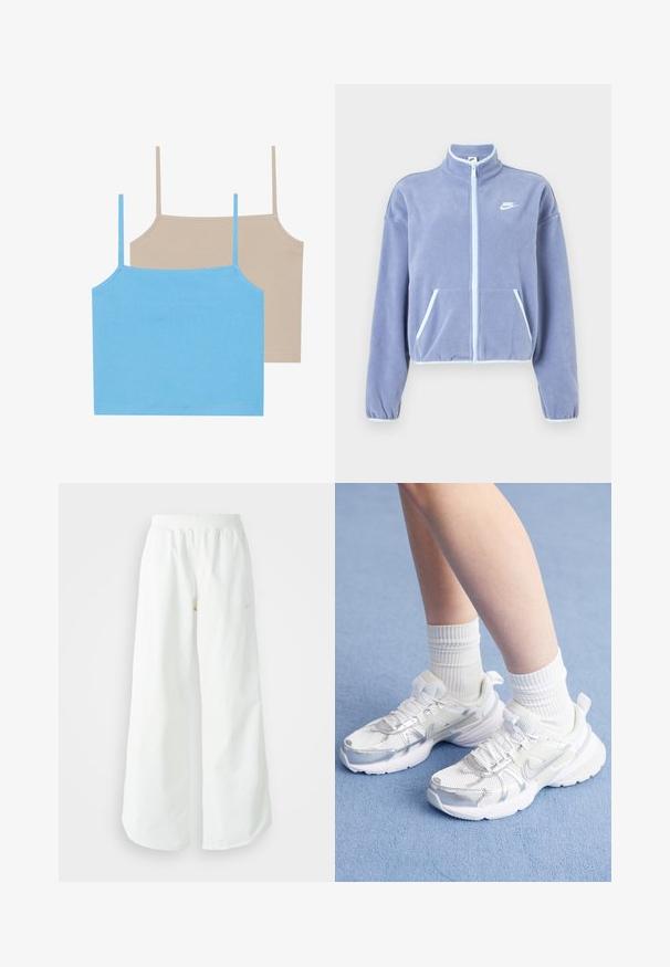 Gaiši purpura vilnas jaka ar augstu apkakli, priekšējo rāvējslēdzēju, divām kabatām un baltu akcentu gar rāvējslēdzēju un apakšu. Nike logo uz krūtīm.; Even&Odd 2 PACK - Tops - azure blue/simply taupe; Baltas, platais sporta bikses ar ribotu jostasvītru un smalku logotipa detaļu. Gluda auduma ar brīvu piegriezumu un sašaurinātu apakšdaļu.; Baltie sporta apavi ar sieta materiāla un sintētiskajām virsmām, ar sudraba Nike logotipu, un apvienoti ar ribotām baltām zeķēm uz zila fona.