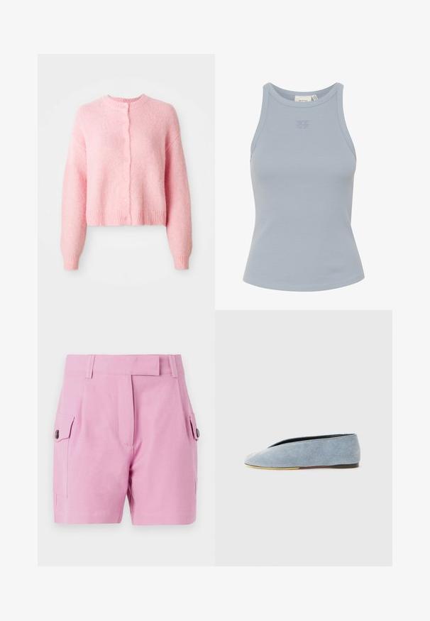Ružový skrátený kardigán s dlhými rukávmi, okrúhlym výstrihom a zapínaním na gombíky. Vyrobený z mäkkého, textúrovaného materiálu s rebrovanými manžetami a lemom.; Svetlomodrá bezrukávová rebrovaná tričko s okrúhlym výstrihom a malým logom vyšitým na strede. Hladká textúra, priliehavý strih.; Svetloružové šortky s priliehavým strihom, plochým predným dielom, bočnými vreckami so zapínaním na gombík a hladkou textúrou látky.; Denimové slip-on topánky vo svetlom modrom odtieni s hladkým povrchom, mandľovým tvarom špičky a plochou čiernou podrážkou. Minimalistický dizajn s nízkym profilom.