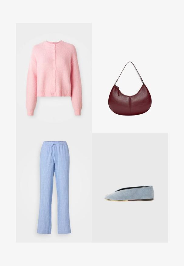 Cardigan scurt roz, cu mâneci lungi, guler rotund și închidere cu nasturi. Fabricat dintr-un material moale, texturat, cu manșete și tiv ribbate.; Top alb cu rigips, cu guler rotund și fără mâneci. Material elastic și design ajustat. Eticheta de pe spate spune "GESTUZ."; Samsøe Samsøe HOYS STRING TROUSERS - Pantaloni - mid blue; Pantofle din denim de culoare albastră deschisă, cu o textură netedă, vârf în formă de migdală și talpă plată neagră. Design minimalist cu un profil jos.; Geantă de piele burgundy cu o formă curbată. Prezintă o curea de umăr unică și un fermoar superior, evidențiind o suprafață netedă, texturată.; Colier din argint cu un pandantiv oval neted, prezentând o față zâmbitoare gravată și decorată cu accente verzi. Lanțul are zale interconectate.