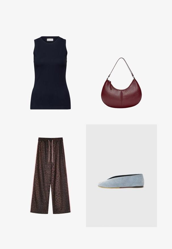 Rosa, kurz geschnittene Strickjacke mit langen Ärmeln, rundem Hals und Knopfverschluss. Hergestellt aus weichem, strukturiertem Material mit gerippten Bündchen und Saum.; Marineblaues ärmelloses Oberteil aus glattem Baumwollstoff, mit Rundhalsausschnitt und tailliertem Schnitt ohne Verzierungen. Lässig und vielseitig.; Leopardenmuster weite Hose in Braun und Schwarz, mit einem elastischen Taillenbund und rosa Kordelzügen sowie seitlichen rosa Streifen. Glatte Stofftextur.; Denim Slipper in Hellblau mit glatter Textur, mandelförmiger Spitze und flacher schwarzer Sohle. Minimales Design mit niedrigem Profil.; Weinrote Lederhandtasche mit einer geschwungenen Form. Verfügt über einen einzelnen Schulterriemen und einen oberen Reißverschluss, der eine glatte, strukturierte Oberfläche präsentiert.