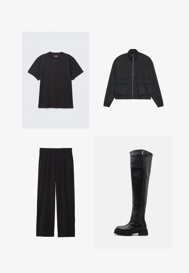 Zwarte zip-up jas met een hoge kraag, twee voorzakken, lange mouwen en een ontspannen pasvorm. Gemaakt van zachte stof met een gladde textuur.; Zwarte korte mouwen T-shirt van katoen. Kenmerkt zich door een ronde halslijn en een ontspannen pasvorm. Eenvoudig ontwerp zonder zichtbare patronen of accenten.; Zwarte wijde broek met geplooide voorkant, zijzakken en een gladde stoftextuur. Ontworpen voor een ontspannen pasvorm.; Zwart leren laarzen tot de knie met een strak ontwerp, met een gestructureerd oppervlak, een zijgesp en een robuuste, geprofileerde zool.
