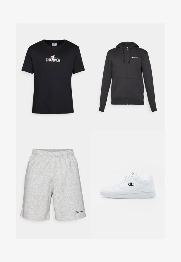 Sort lynlås hoodie lavet af blødt stof med hætte, forlommer og et lille hvidt logo på den øverste venstre bryst.; Sort bomulds T-shirt med et hvidt "CHAMPION" logo med en rød detalje, rund hals, korte ærmer og lige kant.; Grå shorts i jersey-materiale med elastisk talje og et navy blåt "Champion"-logo nederst til venstre.; Hvide atletiske sneakers med en glat syntetisk overdel, sort logoaccent og perforerede detaljer på siden. Gummisål.