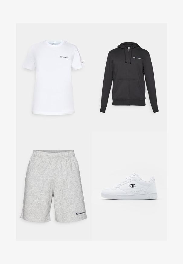Czarna bluza z kapturem zapinana na zamek, wykonana z miękkiego materiału, z kapturem ze sznurkiem, przednimi kieszeniami i małym białym logo na górnej lewej części klatki piersiowej.; Biała bawełniana koszulka z okrągłym dekoltem, krótkimi rękawami oraz czarnym haftowanym logo "Champion" na piersi i akcentem na rękawie.; Szare szorty z dzianiny z elastycznym pasem i granatowym logo "Champion" na dolnej lewej stronie.; Białe sportowe sneakersy z gładką syntetyczną cholewką, czarnym akcentem logo i perforowanymi detalami po boku. Gumowa podeszwa.