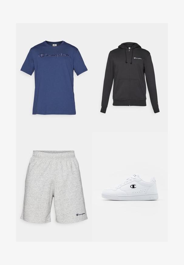 Zwarte ritssluiting hoodie gemaakt van zachte stof met een trekkoordcapuchon, voorzakken en een klein wit logo op de bovenste linkerborst.; Navyblauwe katoenen t-shirt met korte mouwen, voorzien van geborduurd 'Champion' logo in een lichtere tint over de borst.; Grijze jersey materiaal shorts met een elastische tailleband en een marineblauw "Champion" logo op de linkeronderkant.; Witte sportschoenen met een glad bovenwerk van synthetisch materiaal, zwarte logoaccenten en geperforeerde details aan de zijkant. Rubberen zool.