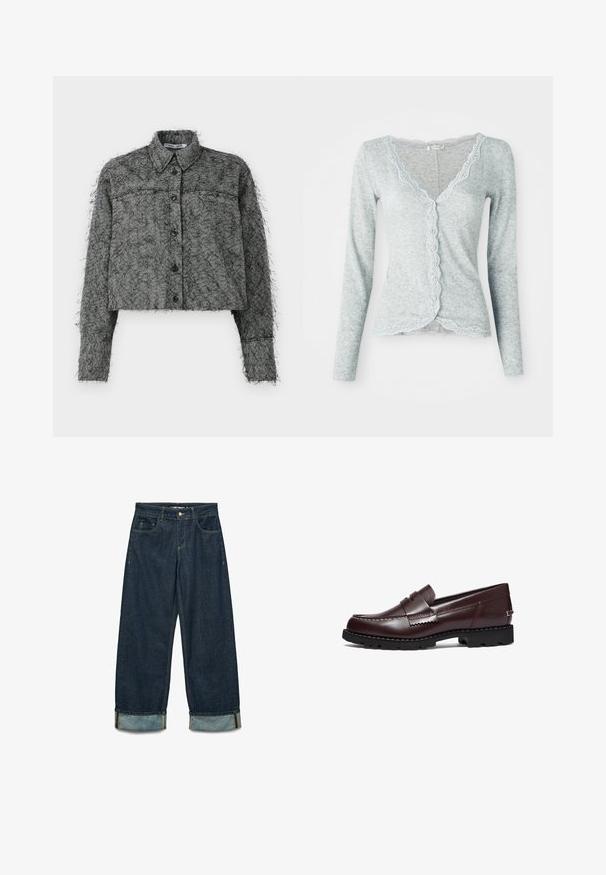 Vaaleansininen neuletakki, joka on valmistettu tekstuuriques kudotusta kankaasta. Siinä on aaltoileva pitsireunus kaula-aukossa ja napitettu etuosa sekä pitkät hihat.; Mustavalkoinen herringbone-mallinen lyhyt takki, jossa on nappikiinnitys, pitkät hihat ja klassinen kaulus, joka osoittaa erityistä karheaa pintaa.; Kaksi slim-fit toppia pitsireunuksella, yksi valkoinen ja yksi musta, esiteltyinä vaaleaa yksinkertaista taustaa vasten.; Tummansinisiä farkkuhousuja, joissa on väljä leikkaus, käännetyt lahkeet, viisi taskua ja erottuvat ompelusaumat.; Timberland Loaferit/pistokkaat - burgundy