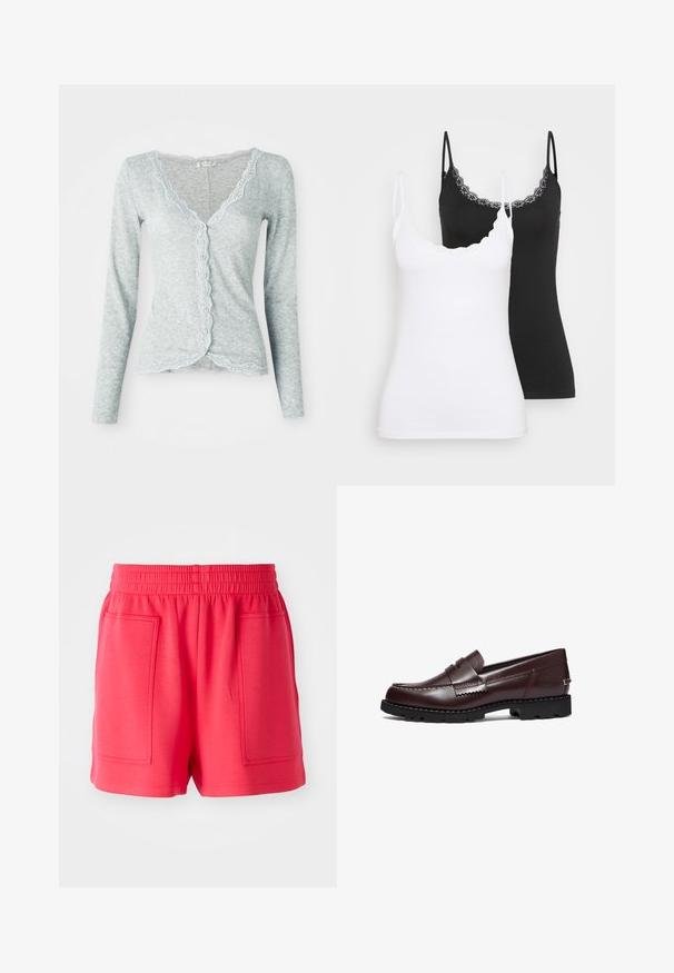 Cardigan azzurro chiaro realizzato in tessuto a maglia testurizzata. Presenta un bordo in pizzo a scallop lungo il collo e una chiusura con bottoni sul davanti, maniche lunghe.; Due camicette slim-fit con pizzo, una bianca e una nera, presentate su uno sfondo chiaro e neutro.; Pantaloni sportivi rossi realizzati in tessuto leggero, con vita elastica e due ampie tasche frontali. Texture liscia, taglio fino al ginocchio.; Timberland Scarpe senza lacci - burgundy