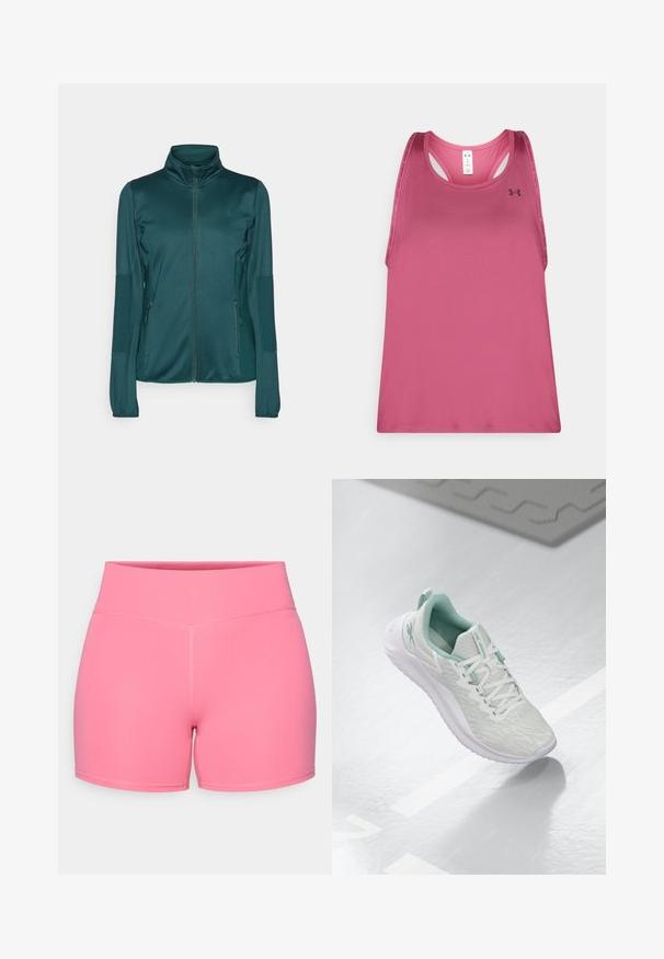 Zöldesszürke cipzáras dzseki sima anyagból, hosszú ujjakkal, magas gallérral és két cipzáras elülső zsebbel. Texturált díszítés az ujjakon.; Rózsaszín, ujjatlan sportpóló sima textúrával, kerek nyakkivágással, racerback kialakítással, a bal elülső részen a márka logójával.; Rózsaszín sportos rövidnadrág sima felülettel, magas derekú, lapos varrással, a kényelem és a rugalmasság érdekében fizikai aktivitás során.; Világosszürke sportcipő, texturált kötött felső réteggel, menta zöld kiegészítőkkel, fehér fűzőkkel, gumitalppal és húzófüllel a saroknál.