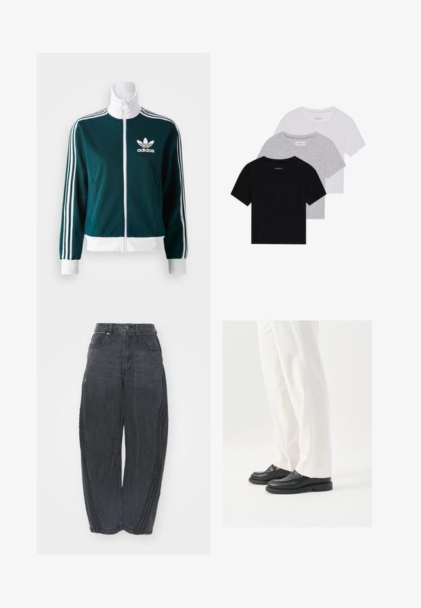 Tirkīzzilaikā krakls ar rāvējslēdzēju, kas izgatavots no gludas auduma, ar baltām trīs svītru akcentiem uz piedurknēm un balta apkakle, ar Adidas logo uz krūtīm.; Trīs īsām piedurknēm T-krekli melnā, pelēkā un baltā krāsā. Izgatavoti no kokvilnas, ar apaļu kakla izgriezumu un vienkāršu, viendabīgu krāsas dizainu.; Lielas melnas džinsu bikses ar izbalējušu apdari, piecām kabatām, vidukļa pogu aizdari un izšuvumiem priekšpusē un sānos.; Melni ādas loafers ar gludu tekstūru, šuvju detaļām un apaļu pirkstu daļu, apvienoti ar baltām pielāgotām biksēm.