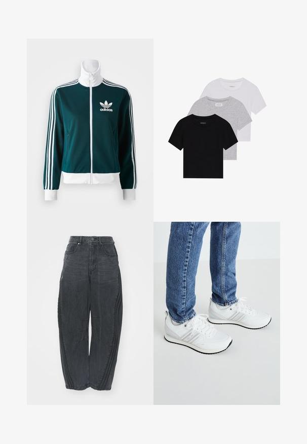 Teal zip-up jacket made of smooth fabric, featuring white three-stripe accents on sleeves and a white collar, with an Adidas logo on the chest.; Set of three short-sleeve t-shirts in black, gray, and white. Made from cotton, featuring a crew neck and a simple, solid color design.; Baggy black denim jeans with a faded finish, five pockets, a waist button closure, and stitched detailing on the front and sides.; White athletic sneakers with a smooth texture, featuring three parallel stripes, laces, and a black rubber outsole. Worn with blue jeans.