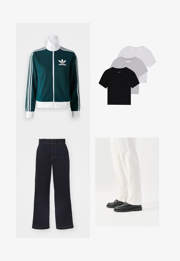 Teal zip-up jakna, izdelana iz gladkega materiala, z belimi trojnimi trakovi na rokavih in belim ovratnikom, z Adidasovim logotipom na prsih.; Komplet treh majic s kratkimi rokavi v črni, sivi in beli barvi. Izdelane iz bombaža, z okroglim izrezom in preprostim, enobarvnim dizajnom.; Temno modre hlače širokih nogavic iz bombaža z visokim pasom, ki imajo kontrastno belo šivanje in čist, preprost dizajn.; Črne usnjene loaferje z gladko teksturo, šivi in zaobljenim prstom, pomešane z belimi krojenimi hlačami.