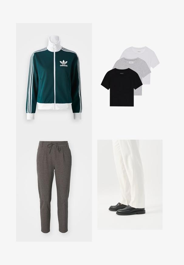 Teal zip-up jakna, izdelana iz gladkega materiala, z belimi trojnimi trakovi na rokavih in belim ovratnikom, z Adidasovim logotipom na prsih.; Komplet treh majic s kratkimi rokavi v črni, sivi in beli barvi. Izdelane iz bombaža, z okroglim izrezom in preprostim, enobarvnim dizajnom.; Sive hrapave hlače z vrvico za prilagajanje v pasu, zožanimi nogami in sprednjimi gubami za dodaten detajl. Lahka tkanina, primerna za vsakodnevno nošenje.; Črne usnjene loaferje z gladko teksturo, šivi in zaobljenim prstom, pomešane z belimi krojenimi hlačami.