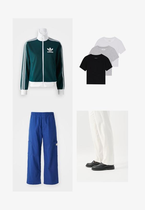 Teal zip-up jacket made of smooth fabric, featuring white three-stripe accents on sleeves and a white collar, with an Adidas logo on the chest.; Set of three short-sleeve t-shirts in black, gray, and white. Made from cotton, featuring a crew neck and a simple, solid color design.; Royal blue cargo pants with an elastic waistband, featuring two side pockets and a relaxed, straight-leg design.; Black leather loafers with a smooth texture, stitch detailing, and a rounded toe, paired with white tailored pants.
