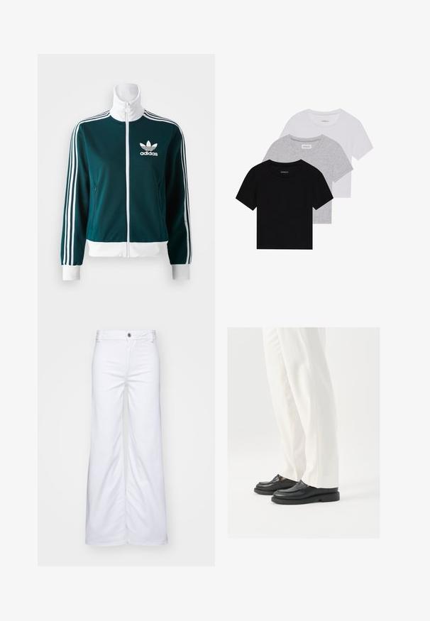 Giacca zip-up di colore verde acqua realizzata in tessuto liscio, con accenti bianchi a tre strisce sulle maniche e un colletto bianco, dotata di un logo Adidas sul petto.; Set di tre t-shirt a maniche corte in nero, grigio e bianco. Realizzate in cotone, presentano un collo a giro e un design semplice in un colore solido.; Pantaloni bianchi a gamba larga in denim, con chiusura a bottone e passanti per la cintura. Texture liscia con cuciture pulite e senza fantasie.; Mocassini neri in pelle con una texture liscia, dettagli in cucitura e punta arrotondata, abbinati a pantaloni bianchi su misura.