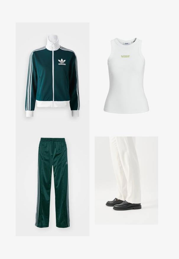 Teal värvi tõmblukk-jakk, mis on valmistatud sileda materjali, millel on valged kolme triibu aktsendid varrukatel ja valge krae, ning Adidas logo rinnal.; Valge ribatreeningusärk, millel on keha lähedane lõige, esiküljel rohelise tikandiga tekst "VEIDI DRAMAATILINE".; Tumedad roheline sportpants, mis on valmistatud läikivast materjalist, külgedel on heledates hallides triipudes ja vasakul jalal on broderdatud logo.; Mustad musta nahast loafers, millel on sile tekstuur, õmblustäiendused ja ümar nina, koos valgete kohandatud pükstega.