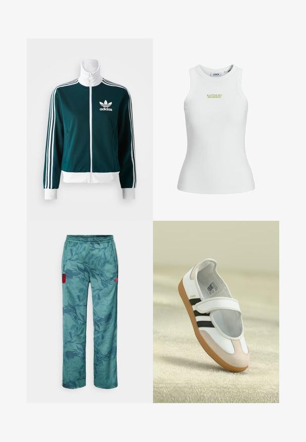 Teal zip-up jakna, izdelana iz gladkega materiala, z belimi trojnimi trakovi na rokavih in belim ovratnikom, z Adidasovim logotipom na prsih.; Bela rebrasta majica na naramenice s prilagojenim krojem, na prednjem delu ima zeleni vezeni napis "A LITTLE BIT DRAMATIC".; Svetlo zelene hlače s cvetličnim vzorcem, elastičnim pasom in stranskimi žepi. Rdeč logotip na levi stegn dodaja detajl.; Bela obuvala s roza nubuk prstom, črnimi črtami in ježkom. Ima rjavo gumijasto podplat in logo ob strani.
