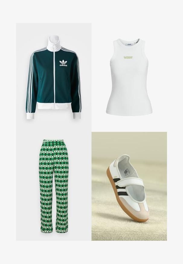Teal jack met ritssluiting van gladde stof, met witte drie-streepaccenten op de mouwen en een witte kraag, voorzien van een Adidas-logo op de borst.; Witte geribbelde tanktop met een aansluitend ontwerp, voorzien van groene geborduurde tekst "A LITTLE BIT DRAMATIC" op de voorkant.; Groene en crèmekleurige wijde broek met een herhalend geometrisch bladerenpatroon in zwart. Gemaakt van een lichtgewicht stof met een gladde textuur.; Witte schoen met een roze suède neus, zwarte strepen en een klittenbandsluiting. Heeft een tan rubberen zool en een logo aan de zijkant.