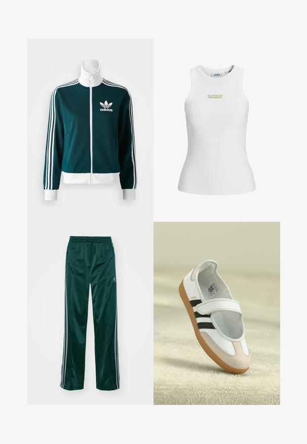 Turkusowa kurtka zapinana na zamek, wykonana z gładkiego materiału, z białymi, trzema paskami na rękawach oraz białym kołnierzykiem, z logo Adidas na klatce piersiowej.; Biała, prążkowana koszulka na ramiączkach o dopasowanym kroju, z zielonym haftowanym napisem "TROCHĘ DRAMATYCZNIE" na przodzie.; Ciemnozielone spodnie sportowe wykonane z błyszczącego materiału, z bocznymi paskami w jasnoszarym kolorze oraz haftowanym logo na lewej nodze.; Białe buty z różowym zamszowym noskiem, czarnymi paskami i rzepem. Posiadają beżową gumową podeszwę oraz logo po boku.