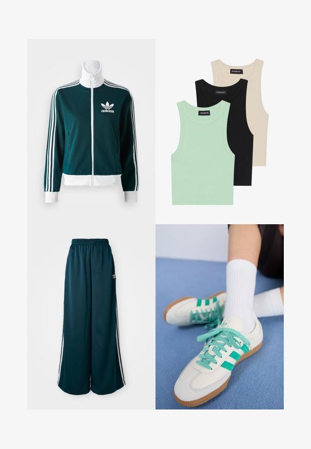 Giacca zip-up di colore verde acqua realizzata in tessuto liscio, con accenti bianchi a tre strisce sulle maniche e un colletto bianco, dotata di un logo Adidas sul petto.; Tre canotte in verde menta, nero e beige; realizzate in tessuto a coste con scollatura rotonda e senza maniche. Etichetta del brand visibile.; Pantaloni della tuta ampi blu petrolio con vita elastica, caratterizzati da tre strisce bianche lungo i lati e un logo Adidas sul lato sinistro.; adidas Originals SAMBA OG - Sneakers basse - off white/court green/hazy green