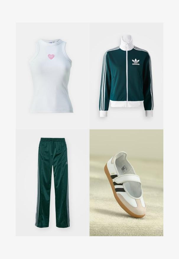 Tirkizna jakna na cipzaru od glatkog materijala, s bijelim trostrukim trakama na rukavima i bijelim ovratnikom, te Adidas logotipom na prsima.; JJXX JXFOREST - Top - bright white; Tamnozelene sportske hlače od sjajnog materijala, s bočnim trakama svijetlosive boje i izvezenim logotipom na lijevoj nozi.; Bijela obuća s roza suedinim vrhom, crnim prugama i čičak trakom. Ima bež gumeni potplat i logo sa strane.