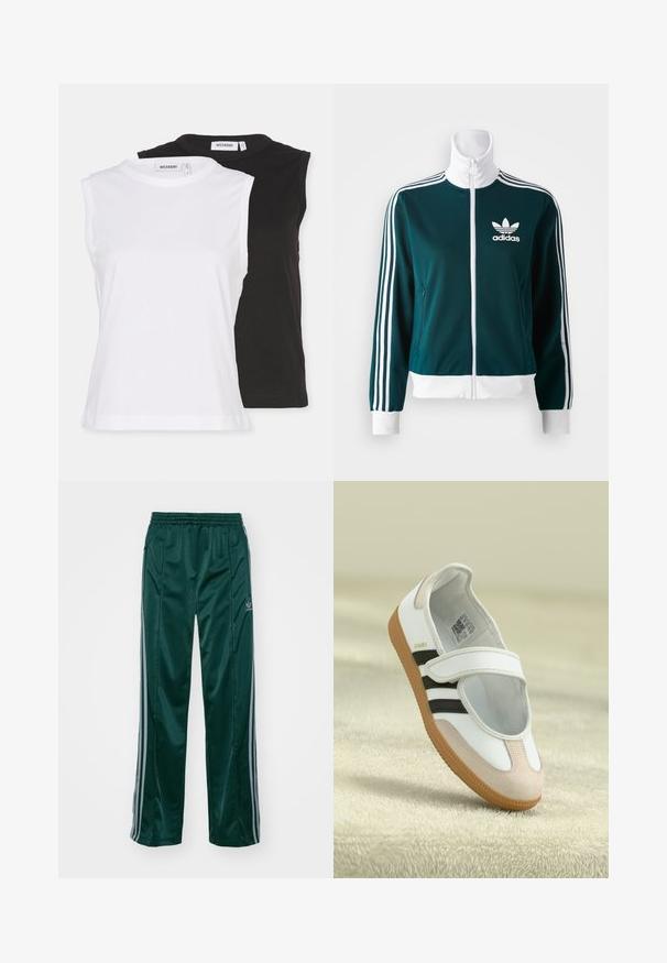 Teal zip-up jacket made of smooth fabric, featuring white three-stripe accents on sleeves and a white collar, with an Adidas logo on the chest.; Weekday FITTED TANK 2 PACK - Top - white/black; Dark green athletic pants made of shiny material, featuring side stripes in light gray and an embroidered logo on the left leg.; White shoe with a pink suede toe, black stripes, and a Velcro strap. Features a tan rubber sole and a logo on the side.