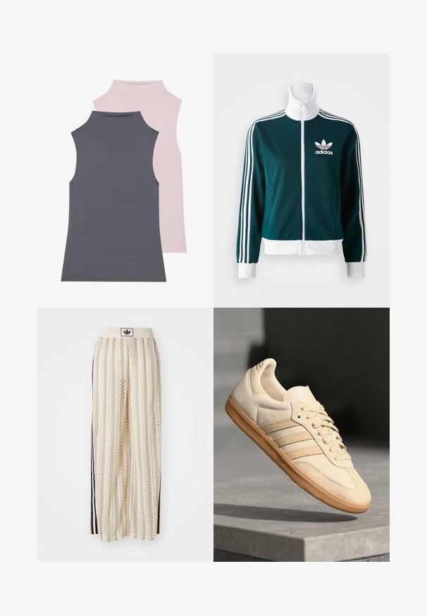 Teal värvi tõmblukk-jakk, mis on valmistatud sileda materjali, millel on valged kolme triibu aktsendid varrukatel ja valge krae, ning Adidas logo rinnal.; Kaks ilma varrukat pehmes kangas, üks hall ja teine hele roosa. Mõlemal on kõrge kaelus ja sile tekstuur.; Kreemivärvilised lai säärega püksid, millel on siksakmustrit, must logoga vööp ja külgmised mustad triibud. Kerge, tekstureeritud kangas.; Hele beeži sueded spordijalatsid, millel on kummist välistald, kolm diagonaalset triipu ja tekstuuriga varvaste katus. Omab logo keelel ja külgedel.