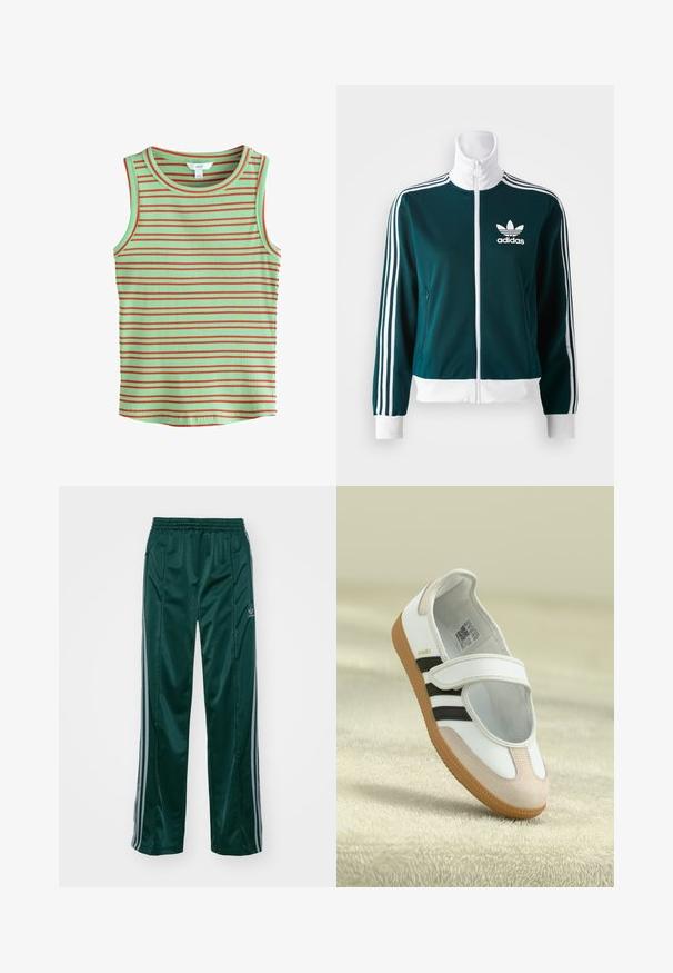 Turkusowa kurtka zapinana na zamek, wykonana z gładkiego materiału, z białymi, trzema paskami na rękawach oraz białym kołnierzykiem, z logo Adidas na klatce piersiowej.; Bez rękawów, prążkowany top w kolorze miętowym z poziomymi czerwonymi paskami. Posiada okrągły dekolt i miękką teksturę.; Ciemnozielone spodnie sportowe wykonane z błyszczącego materiału, z bocznymi paskami w jasnoszarym kolorze oraz haftowanym logo na lewej nodze.; Białe buty z różowym zamszowym noskiem, czarnymi paskami i rzepem. Posiadają beżową gumową podeszwę oraz logo po boku.