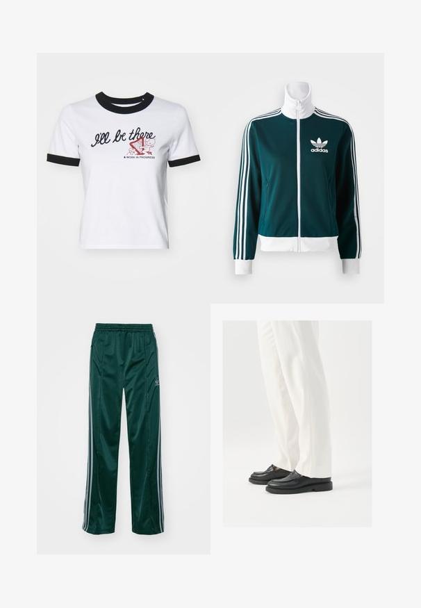 Teal jack met ritssluiting van gladde stof, met witte drie-streepaccenten op de mouwen en een witte kraag, voorzien van een Adidas-logo op de borst.; Witte katoenen T-shirt met zwarte geribbelde kraag en boorden. Bevat de tekst "Ik ben erbij" en een grafisch ontwerp met een harp.; Donkergroene sportbroeken van glanzend materiaal, met zijstrepens in lichtgrijs en een geborduurd logo op het linkerbeen.; Zwarte leren loafers met een gladde textuur, steekdetails en een ronde neus, gecombineerd met witte, op maat gemaakte broeken.