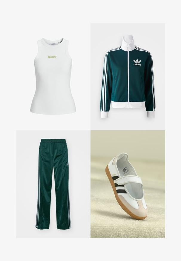 Chaqueta de cremallera en color verde azulado, hecha de una tela suave, con acentos de tres rayas blancas en las manga y un collar blanco, y un logo de Adidas en el pecho.; Camiseta sin mangas blanca de algodón con diseño ajustado, que presenta un bordado verde con el texto "UN POCO DRAMÁTICO" en la parte frontal.; Pantalones deportivos de color verde oscuro, hechos de un material brillante, con franjas laterales en gris claro y un logotipo bordado en la pierna izquierda.; Zapato blanco con puntera de ante rosa, rayas negras y una correa de Velcro. Cuenta con una suela de goma color tostado y un logo en el lateral.