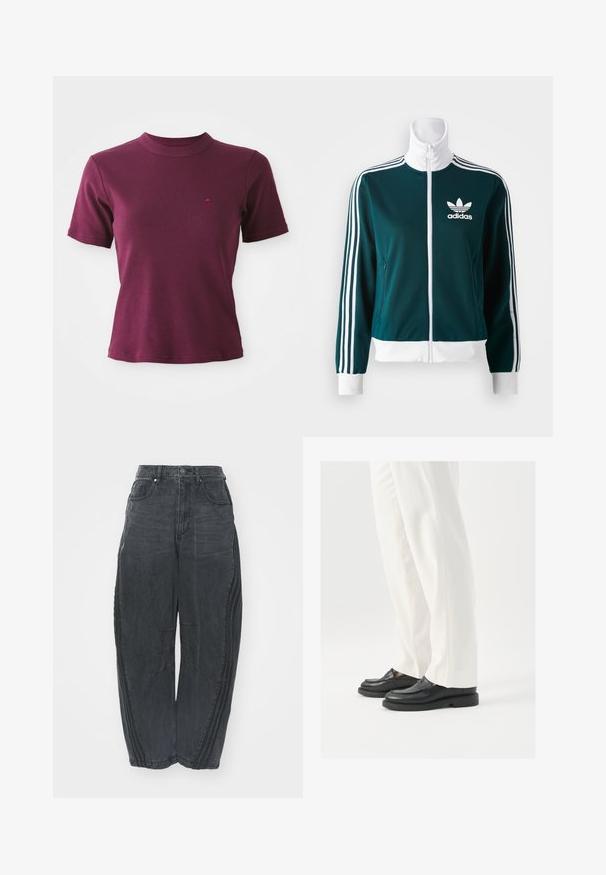 Türkise zip-up Jacke aus glattem Stoff, mit weißen drei-Streifen-Akzenten an den Ärmeln und einem weißen Kragen, sowie einem Adidas-Logo auf der Brust.; Burgunderfarbene T-Shirt mit kurzen Ärmeln und geripptem Stoff, Rundhalsausschnitt und dezent gesticktem Logo auf der linken Brust.; Lockere schwarze Denim-Jeans mit einem verblassten Finish, fünf Taschen, einem Knopfverschluss an der Taille und gestickten Details an der Vorderseite und den Seiten.; Schwarze Lederloafers mit glatter Textur, mit Stichdetails und runder Zehenform, kombiniert mit weißen maßgeschneiderten Hosen.
