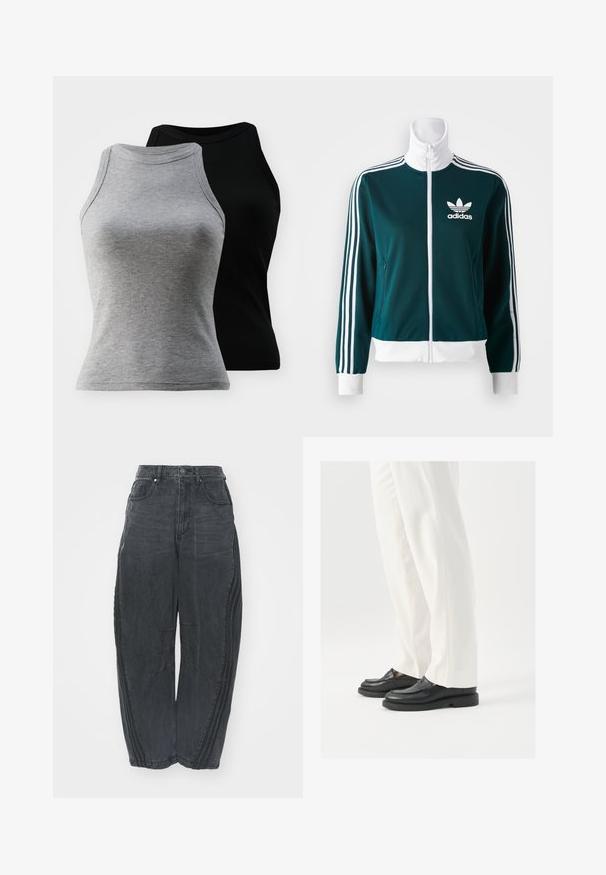 Türkise zip-up Jacke aus glattem Stoff, mit weißen drei-Streifen-Akzenten an den Ärmeln und einem weißen Kragen, sowie einem Adidas-Logo auf der Brust.; Zwei ärmellose, gerippte Tanktops in Grau und Schwarz. Sie haben einen runden Ausschnitt und eine figurbetonte Silhouette und bestehen aus einem weichen Baumwollmix.; Lockere schwarze Denim-Jeans mit einem verblassten Finish, fünf Taschen, einem Knopfverschluss an der Taille und gestickten Details an der Vorderseite und den Seiten.; Schwarze Lederloafers mit glatter Textur, mit Stichdetails und runder Zehenform, kombiniert mit weißen maßgeschneiderten Hosen.