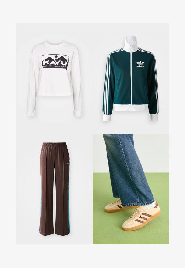 Teal värvi tõmblukk-jakk, mis on valmistatud sileda materjali, millel on valged kolme triibu aktsendid varrukatel ja valge krae, ning Adidas logo rinnal.; Valge pika varrukaga T-särk, millel on lühendatud disain. Ees on must graafiline trükk mägedest ja tekst "KAVU". Pehme tekstuur.; Pruunid spordipüksid, millel on soonikkoes, elastne vöökoht ja türkiissinised külje triibud. Esiosas on adidas logo.; Beežid spordijalatsid tekstuursete kreemjatest paneelidest ja pruunidest triipudest, koos siniste denim pükstega. Püksid on avara säärega ja narmendava äärega.