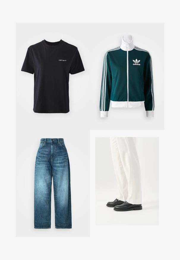 Turkusowa kurtka zapinana na zamek, wykonana z gładkiego materiału, z białymi, trzema paskami na rękawach oraz białym kołnierzykiem, z logo Adidas na klatce piersiowej.; Czarna bawełniana koszulka z okrągłym dekoltem, krótkimi rękawami oraz białym logo "carhartt" na lewej piersi. Gładka tekstura, standardowy fason.; Jeans o wysokim stanie z szerokimi nogawkami w średnim niebieskim denimu, z wyblakłym wykończeniem, tradycyjnym wzorem kieszeni oraz zapięciem na guziki.; Czarne skórzane mokasyny o gładkiej teksturze, ze szczegółami w postaci szwów i zaokrąglonym noskiem, zestawione z białymi eleganckimi spodniami.