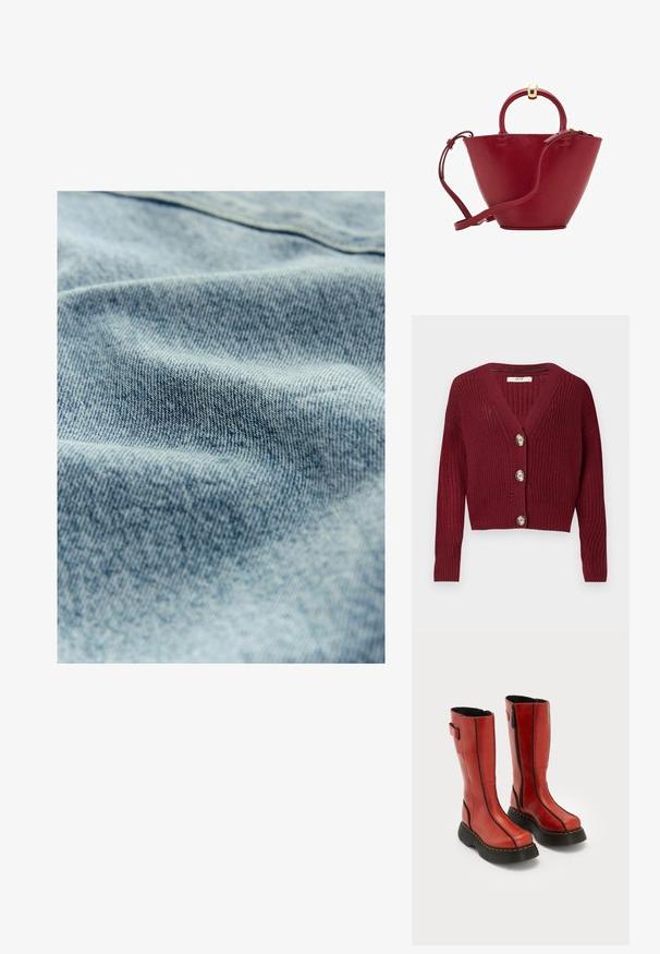Cardigan in magenta a maglia con profondo scollo a V, tre grandi bottoni e texture a coste con maniche lunghe, design corto.; Tessuto di denim azzurro chiaro con una sottile trama e un motivo di tessitura visibile, che mostra leggere variazioni di colore e morbidezza.; Alti stivali rossi in pelle con suole nere spesse, cerniere laterali e dettagli di cucitura nera, posizionati uno accanto all'altro su uno sfondo bianco.; Borsa a mano in pelle rossa con parte superiore arrotondata, forma conica strutturata, manico corto e tracolla removibile. Presenta dettagli in hardware dorato.