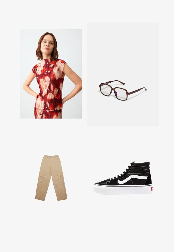 Bordowy kardigan dzianinowy z głębokim dekoltem w serek, trzema dużymi guzikami oraz prążkowaną teksturą, z długimi rękawami i krótkim fasonem.; Czerwona i beżowa plisowana bluzka z wysokim dekoltem i rękawami typu cap, z kwiatowym nadrukiem w abstrakcyjne kształty. Gładka tekstura, dopasowany krój.; Beżowe spodnie cargo wykonane z materiału, z dwiema przednimi kieszeniami i luźnym, szerokim krojem nogawek. Pas zawiera zapięcie na guzik i zamek błyskawiczny.; Czarne trampki za kostkę z białymi sznurowadłami, białym logo i kontrastującymi białymi szwami. Posiadają grubą białą podeszwę i teksturowaną zamszową cholewkę.; Brązowe, prostokątne okulary z przezroczystymi soczewkami i fioletowymi odcieniami. Gładka plastikowa oprawka z prostymi zausznikami i subtelnymi detalami.; Miękka, brązowa torebka w stylu hobo z jedną szeroką rączką i wyprofilowanym otwarciem, wyeksponowana na białym tle.