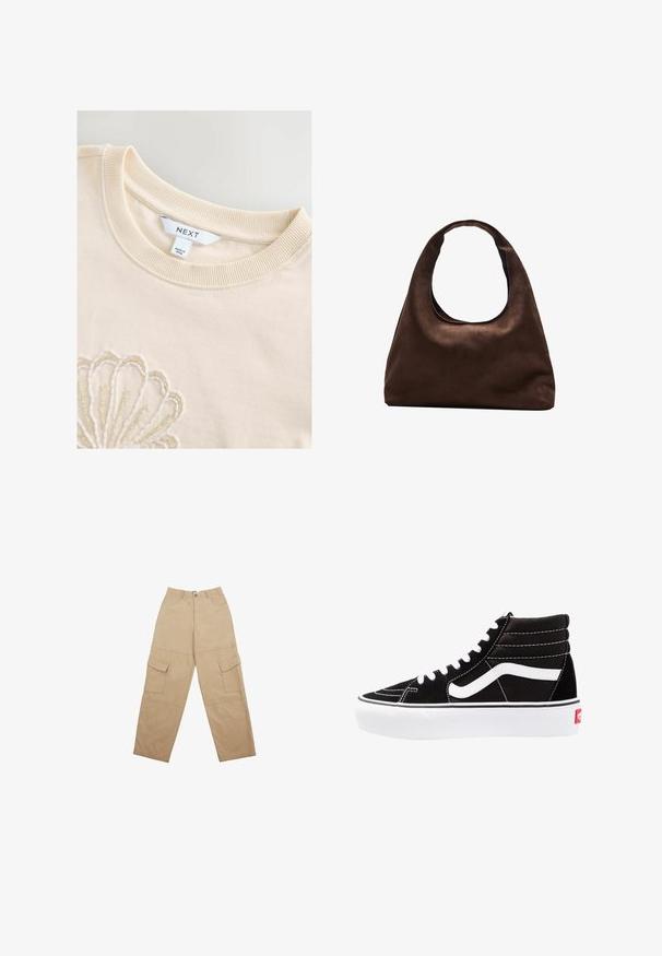 Burgundska pletena kardiganska jakna z globokim V-izrezom, tremi velikimi gumbi in rebrasto teksturo z dolgimi rokavi in skrajšanim dizajnom.; Bela bombažna majica s kapuco, z ribastim okroglim izrezom in zapletenim perlenim vzorcem, ki oblikuje školjčno obliko na sprednji strani. Vidna oznaka blagovne znamke.; Bež hlače s cargo krojem, izdelane iz tkanine, z dvema sprednjima žepoma in sproščenim širokim krojem. Pas vključuje gumb in zadrgo.; Črne visoke superge z belimi vezalkami, belim logotipom in kontrastnim belim šivom. Imajo debel bel podplat in teksturirano usnje.; Mehakna rjava torbica v hobo stilu z enim širokim trakom in ukrivljenim odprtjem na vrhu, prikazana na beli podlagi.