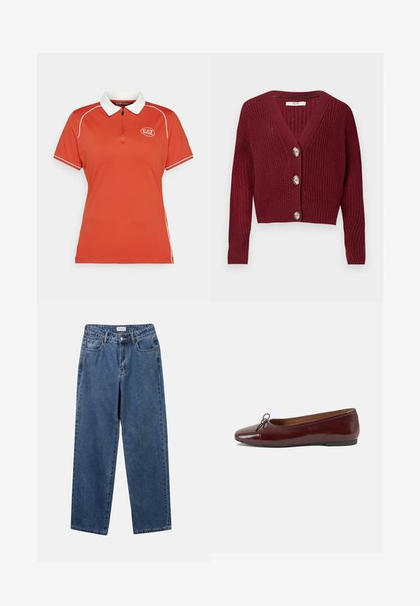 Burgunderfarget strikket cardigan med dyp V-hals, tre store knapper og ribbestrikket tekstur, med lange ermer og kort design.; Rød polo skjorte med hvit krage og glidelåsåpning i nakken. Har hvite sømmer langs skuldrene og ermene. EA7-logo på brystet.; Klassiske blå denimjeans med rett ben-design, fem lommer og knappelukking. Har en middels vask og solid tekstur.; Burgunderrød lakk lær ballettleilighet med rund tå, liten sløyfe foran og en lav, svart gummisåle. Glatt tekstur.