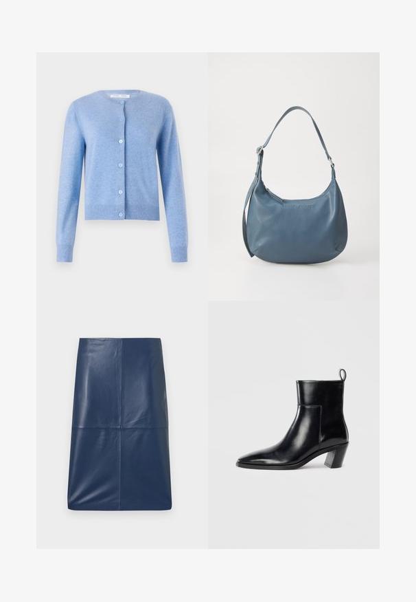 Vaaleansininen neuletakki, joka on valmistettu pehmeästä neulekankaasta. Tässä neuletakissa on pyöreä pääntie, pitkät hihat ja napitus edessä, kevyillä vaaleansinisin nappivalinnoin.; Valkoinen hihaton toppi, joka on valmistettu ribbikankaasta, ja jossa on pyöreä pääntie ja tiukka siluetti, minimaalisin saumoin ja ilman koristeita.; Laivastonsininen nahkainen kynähame, jossa on sileä, kiiltävä pinta. Hameessa on yksinkertainen, virtaviivainen muotoilu ja suora leikkaus. Ei näkyvää metalliosaa.; Musta nahkainen nilkkuri, jossa on terävä kärki, geometrinen pinoettu korko ja vetotappi takana. Sileä pinta ja tyylikäs muotoilu.; Sininen nahkakäsilaukku pyöreällä muotoilulla, yhdellä olkahihnalla, vetoketjukiinnityksellä ja kohokuvioidulla brändinimellä edessä. Sileä pinta.