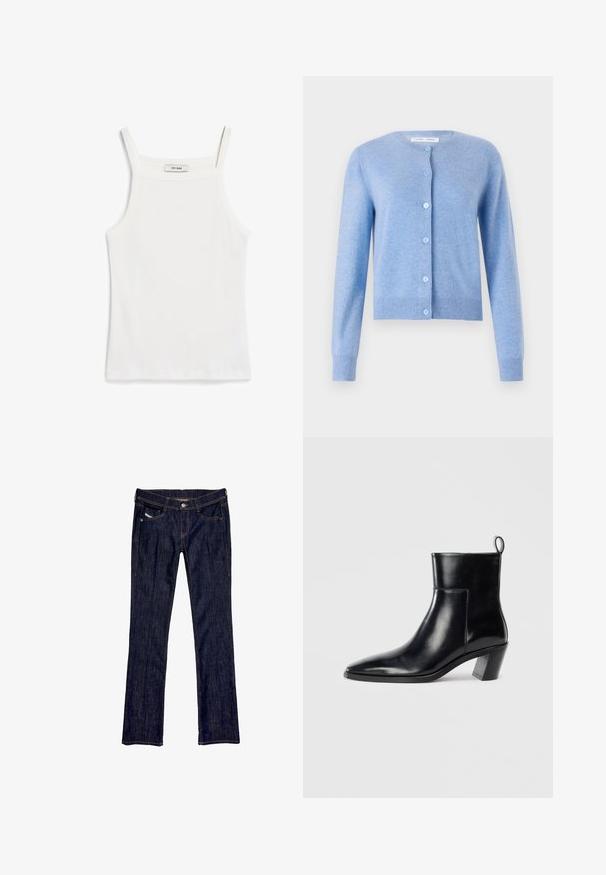 Cardigan azzurro chiaro realizzato in morbido tessuto a maglia, con scollo rotondo, maniche lunghe e chiusura con bottoni azzurri chiari.; Top bianco senza maniche con sottili spalline, realizzato in tessuto di cotone a coste, con scollatura dritta e orlo rifinito.; Jeans in denim blu scuro con design a gamba dritta, dotati di chiusura anteriore con bottone, cinque tasche e cuciture visibili lungo le cuciture.; Stivale alla caviglia in pelle nera con punta affusolata, tacco geometrico impilato e nastro di presa sul retro. Texture liscia e design elegante.