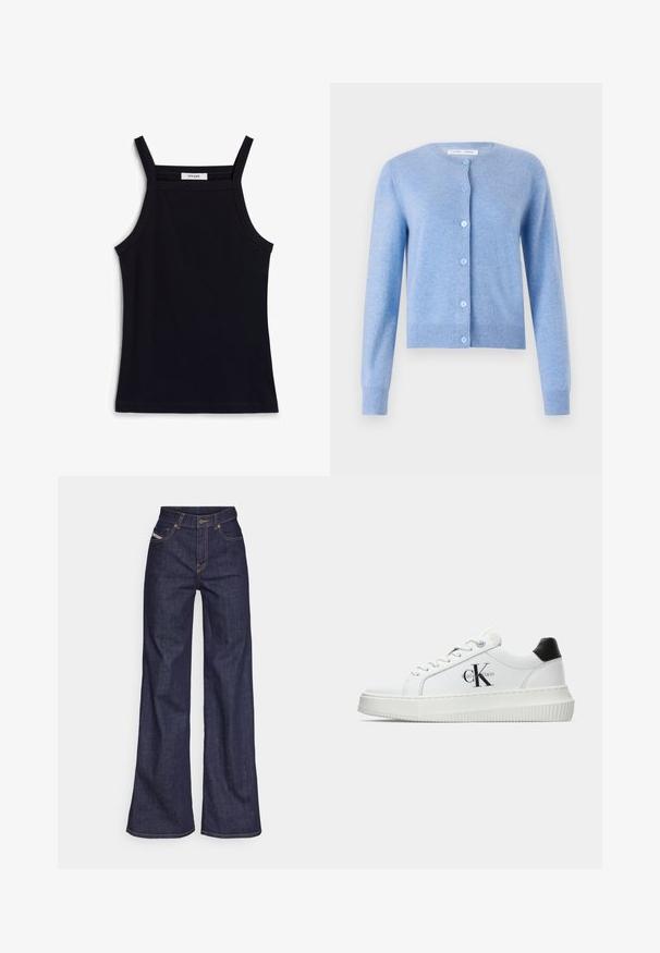 Gaiši zils kardigāns, kas izgatavots no mīksta trikotāžas auduma, ar apaļu dekoltē, garām piedurknēm un pogājamu priekšpusi ar gaiši zilām pogām.; Melna ribota topiņa ar šaurām plecu siksnām, ar apaļu izgriezumu un taisnu apakšmalu. Uz brīva lasījuma ir rakstīts "IVY OAK."; Tumši zili platleņķa džinsi no denima auduma ar augstu jostasvietu, ar oranžām šuvēm, piecu kabatu dizainu un pogu aizdari.; Baltā zema topa sporta apavas ar melnu papēža cilni, platformas zoli, auklēm un Calvin Klein "CK" logo sānos.