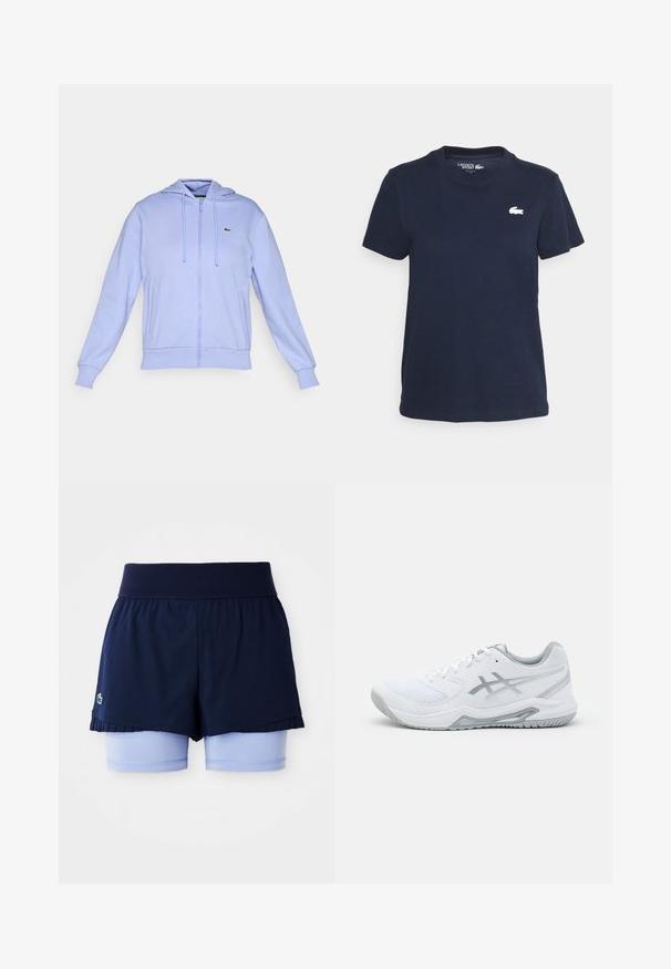 Jasnofioletowa bluza z zamkiem błyskawicznym, posiadająca kieszenie z przodu, kaptur ze sznurkiem, ścięgno na mankietach i małe zielone logo krokodyla na lewej piersi.; Granatowa bawełniana koszulka z okrągłym dekoltem i krótkimi rękawami. Z niewielkim białym logo Lacoste po lewej stronie klatki piersiowej. Miękka w dotyku.; Granatowa spódniczka tenisowa z plisami, pod którą znajdują się jasnoniebieskie dopasowane szorty oraz szeroki prążkowany pas.; Białe buty sportowe z siateczki i materiałów syntetycznych, z szarymi akcentami i sznurowadłami, teksturowaną podeszwą, zakrzywionym kształtem oraz detalem z logo.