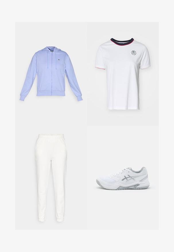 Gaiši violeta zip-up kapucīna ar priekšējām kabatām, ar aukliņu regulējamu kapuci, ribotām aprocēm un mazu zaļu krokodila logo kreisajā krūtī.; Balts kokvilnas T-krekls ar apaļu jūras zils apkakli, ar sarkaniem akcentiem un drukātu Lacoste Tennis Club logotipu uz krūšu. Īsas piedurknes, standarta piegriezums.; Baltas saīsināti sporta bikses ar elastīgu jostasvietu un aprocēm, ar sānu kabatām, izvietotas uz vienkārša fona.; Baltas sporta apavs ar acu izvirduma un sintētiskajiem materiāliem, ar pelēkām akcentēm un auklām, teksturētu zoli, izliekta dizaina un logotipa detaļām.