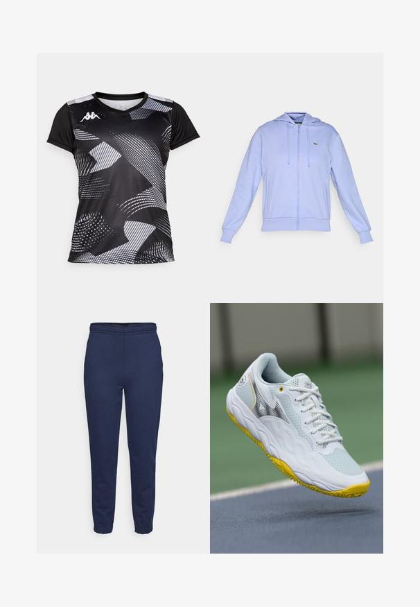 Lys lilla zip-up hettegenser med frontlommer, snorhette, ribbede mansjetter og en liten grønn krokodille-logo på venstre bryst.; Svart treningsskjorte med abstrakte grå mønstre. Har korte ermer og V-hals. Laget av lett, pustende materiale.; Marineblå joggebukser med elastisk midjebånd og ankelmansjetter, frontvinkel, laget av mykt stoff for fritidsbruk.; Hvite sportsko med et teksturert mesh-overdel, gule detaljer på sålen og et strømlinjeformet design med en svart logo.